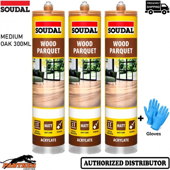 3x Soudal Parquet Sealant 300ml Light Oak Acrylic Wood Floor Gap Filler + Gloves