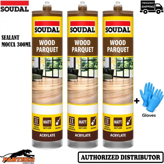 3x Soudal Parquet Sealant 300ml Mocca Wood Flooring Joint Sealant + Gloves