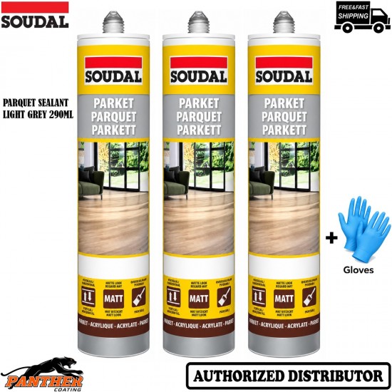 3x Soudal Parquet Sealant 290ml Light Grey Wood Flooring Acrylic Sealant +Gloves
