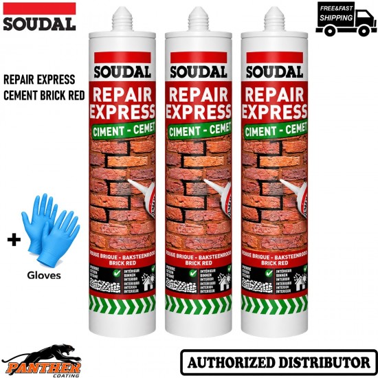3x Soudal Repair Express Cement 290ml Brick Red Concrete Crack Filler + Gloves