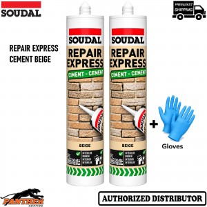 2x Soudal Repair Express Cement 290ml Beige Concrete Mortar Crack Filler +Gloves
