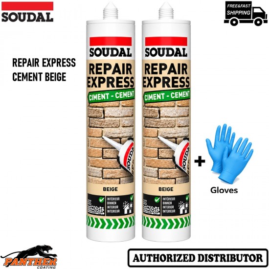 2x Soudal Repair Express Cement 290ml Beige Concrete Mortar Crack Filler +Gloves