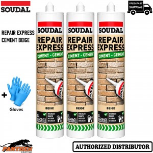 3x Soudal Repair Express Cement Beige 290ml Mortar Joint Crack Repair + Gloves