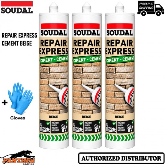 3x Soudal Repair Express Cement Beige 290ml Mortar Joint Crack Repair + Gloves