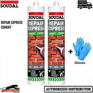 2x Soudal Repair Express Cement 290ml Grey Concrete Mortar Crack Filler + Gloves