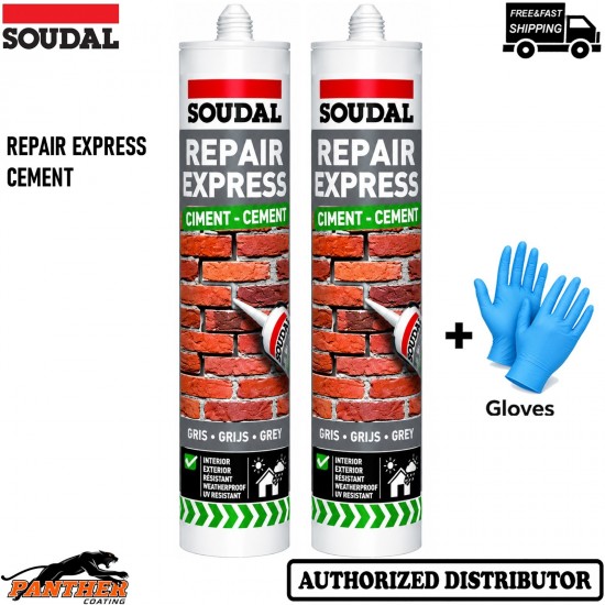 2x Soudal Repair Express Cement 290ml Grey Concrete Mortar Crack Filler + Gloves
