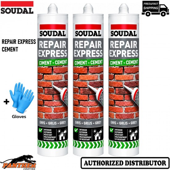3x Soudal Repair Express Cement Grey 290ml Crack Joint Concrete Repair + Gloves