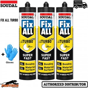 3x Soudal Fix ALL Turbo 290ml White Fast Cure Adhesive Sealant High Tack +Gloves