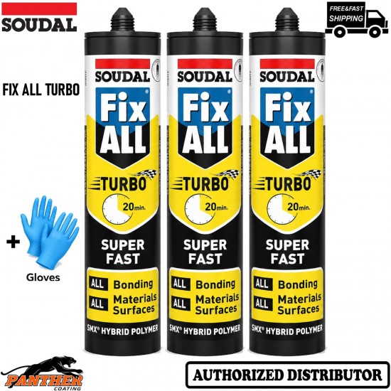 3x Soudal Fix ALL Turbo 290ml White Fast Cure Adhesive Sealant High Tack +Gloves