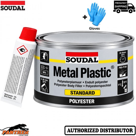 Soudal Metal Plastic Standard Grey 2kg Car Body Filler + Hardener + Gloves