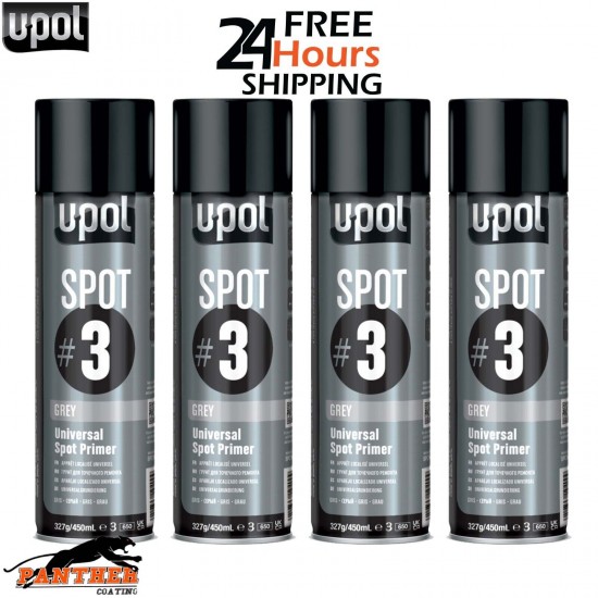 4x U-Pol Spot #3 Fast Drying Universal Grey Primer 450ml Aerosol Easy To Sand