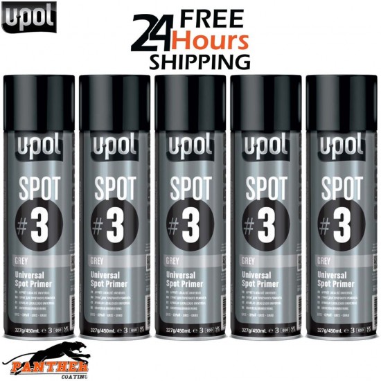5x U-Pol Spot #3 Fast Drying Universal Grey Primer 450ml Aerosol Easy To Sand