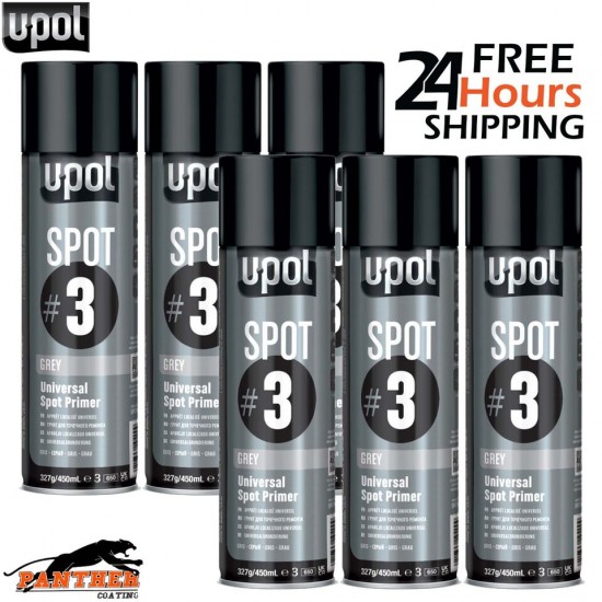 6x U-Pol Spot #3 Fast Drying Universal Grey Primer 450ml Aerosol Easy To Sand