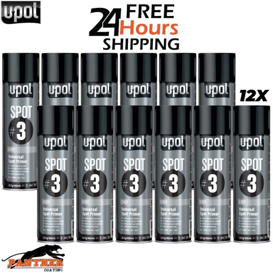 12x U-Pol Spot #3 Fast Drying Universal Grey Primer 450ml Aerosol Easy To Sand
