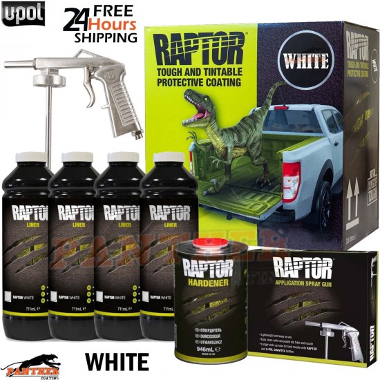 UPOL Raptor Bed Liner Kit White – 4 Bottle 3.8L + UPOL Gun for Easy Application