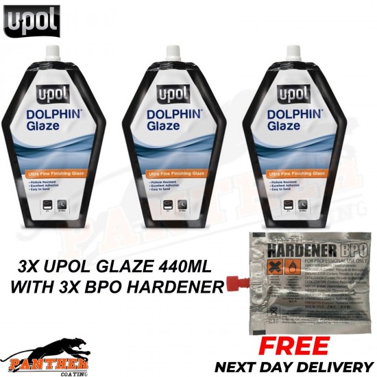 3 x U-POL Dolphin Glaze 440ml Self Levelling Glazing Putty UPOL + HARDENER TUBES