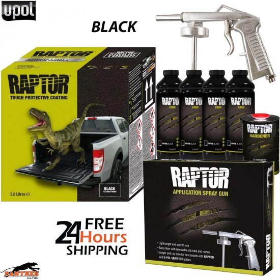 UPOL RAPTOR *BLACK* TRUCK BED LINER 4 BOTTLE 3.8L KIT + APPLICATOR GUN U-POL