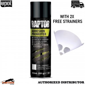 U-POL Raptor Clear Adhesion Promoter 1K 450ml Aerosol + 2 Strainers Plastic Prep