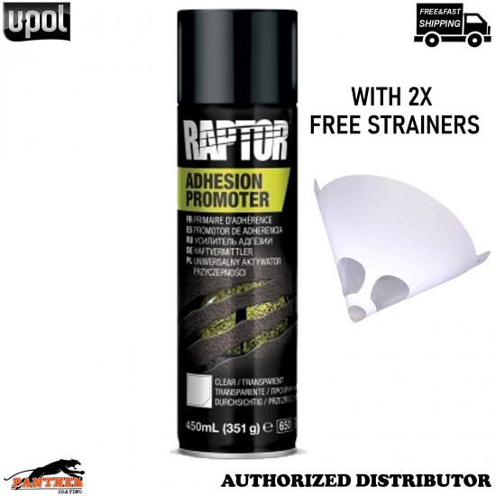 U-POL Raptor Clear Adhesion Promoter 1K 450ml Aerosol + 2 Strainers Plastic Prep