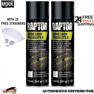 2x UPOL Raptor Clear Adhesion Promoter 1K 450ml Aerosol + 2Strainers Plastic