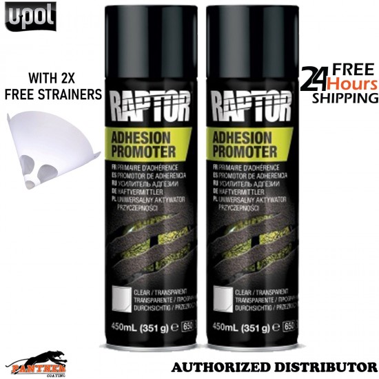 2x UPOL Raptor Clear Adhesion Promoter 1K 450ml Aerosol + 2Strainers Plastic
