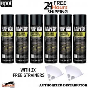 6x UPOL Raptor Clear Adhesion Promoter 1K 450ml Aerosol + 2 Strainers Plastic