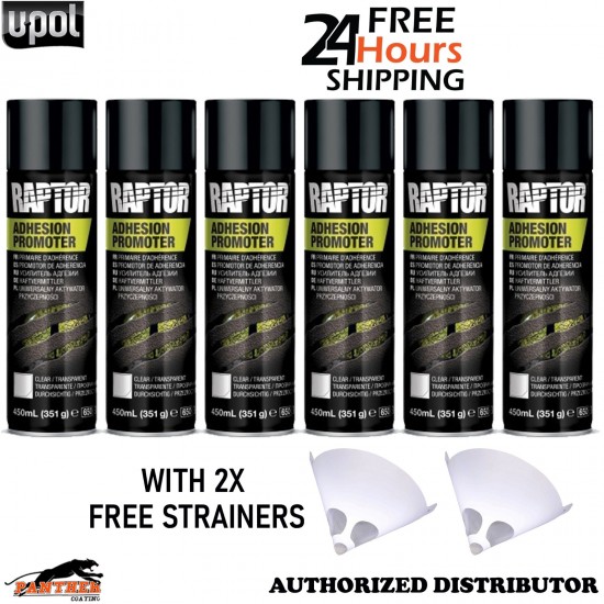 6x UPOL Raptor Clear Adhesion Promoter 1K 450ml Aerosol + 2 Strainers Plastic