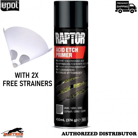 UPOL RPTEP/AL Raptor Acid Etch Primer Aerosol 450ml Grey Metal Paint +Strainers