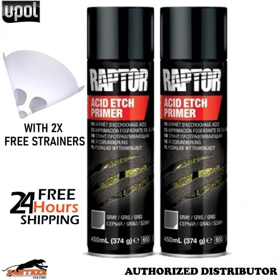2x UPOL RPTEP/AL Raptor Acid Etch Primer Aerosol 450ml Grey Paint +Strainers