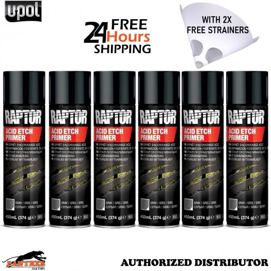 6x UPOL RPTEP/AL Raptor Acid Etch Primer Aerosol 450ml Grey Paint +Strainers