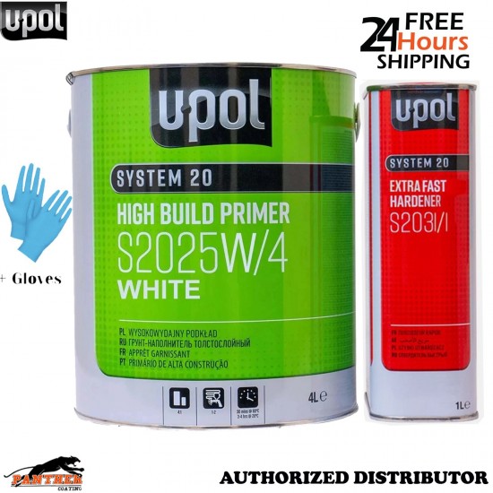 Upol System 20 High Build Primer White S2025+S2031 Extra Fast Hardener 5L+Gloves