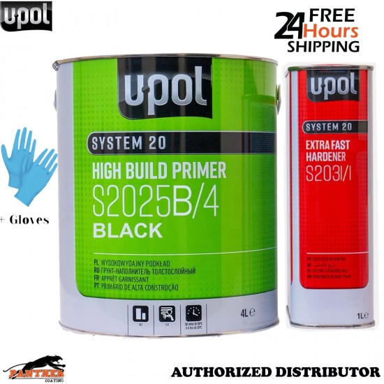 Upol System 20 High Build Primer Black S2025+S2031 Extra Fast Hardener 5L+Gloves