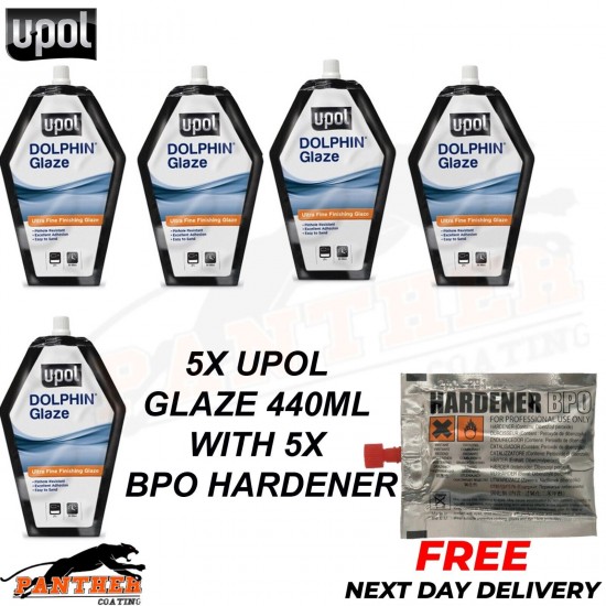 5x U-POL Dolphin Glaze 440ml Self Levelling Glazing Putty + HARDENER TUBES