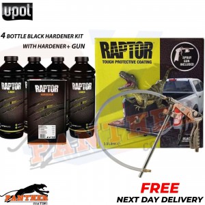 UPOL RAPTOR *BLACK * BED LINER TOUGH U-POL 4 BOTTLE KIT + **SCHUTZ SPRAY GUN**
