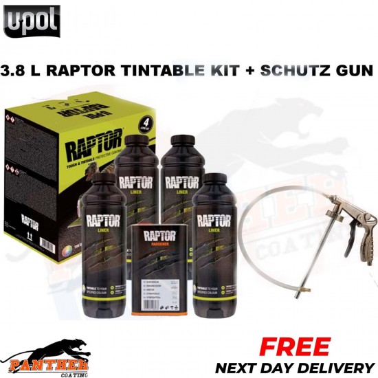 UPOL RAPTOR 3.8L KIT *TINTABLE* + SCHUTZ SPRAY GUN Bed Liner TOUGH COATING U-POL