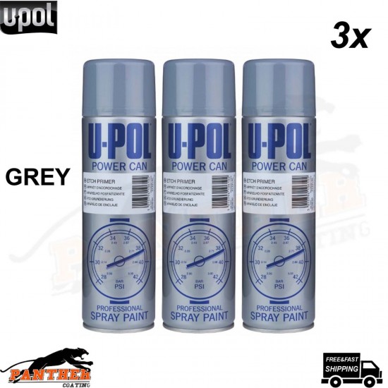 3x Isopon U-Pol Powercan Etch Primer Grey Spray Paint Aerosol 500ml