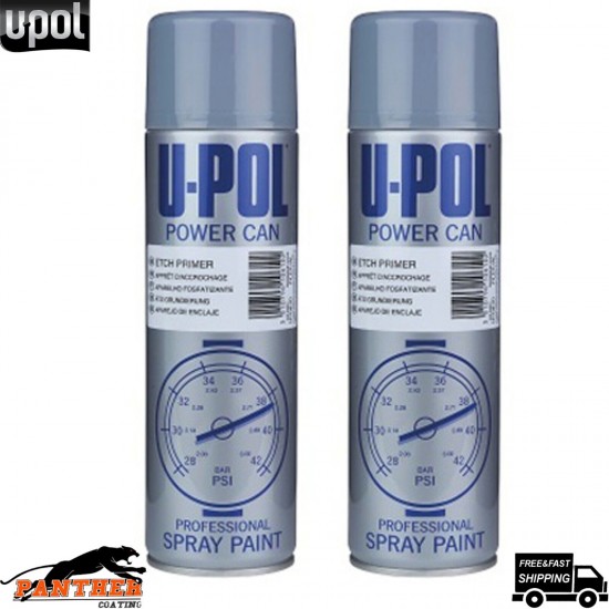 2x U-Pol Etch Primer Spray Grey Power Can Direct to metal Anti-Corrosive 500ml