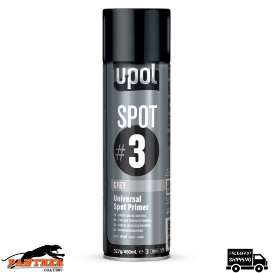 U-Pol Spot #3 Fast Drying Universal Grey Primer 450ml Aerosol Easy To Sand