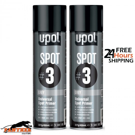 2x U-Pol Spot #3 Fast Drying Universal Grey Primer 450ml Aerosol Easy To Sand