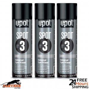 3x U-Pol Spot #3 Fast Drying Universal Grey Primer 450ml Aerosol Easy To Sand