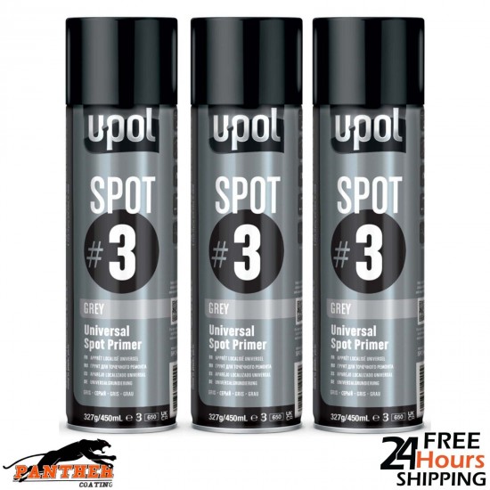 3x U-Pol Spot #3 Fast Drying Universal Grey Primer 450ml Aerosol Easy To Sand