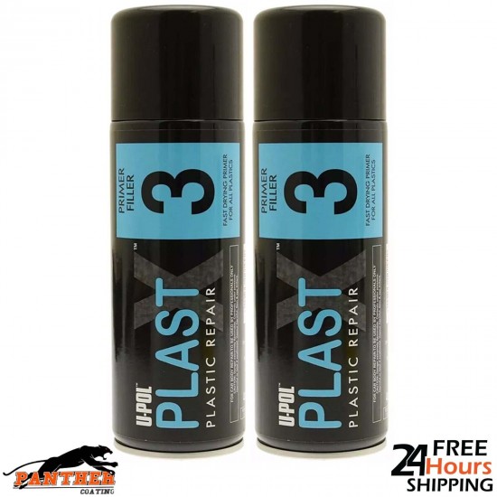 2x Upol PlastX3 Primer Filler Aerosol Plastic Bumper/Trim Paint PLAS/3 400ml