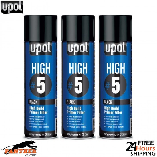 3x UPOL HIGH BUILD HIGH #5 PRIMER 450ML AEROSOL U-POL - BLACK