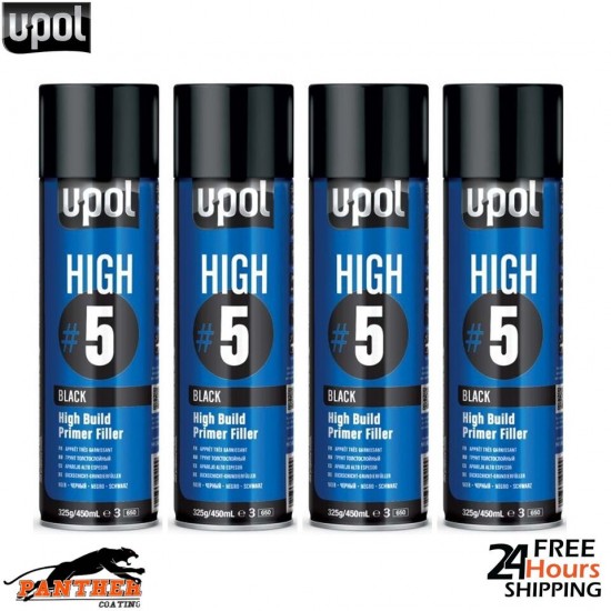 4x UPOL HIGH BUILD HIGH #5 PRIMER 450ML AEROSOL U-POL - BLACK