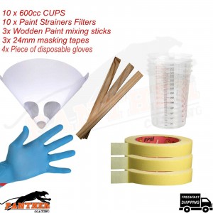 PAINT MIXING CUPS 10X STRAINERS 3X 24MM MASKING TAPE 3X STIRRER 4X PCS GLOVE