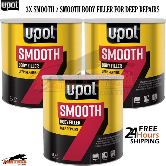 3x U-POL Smooth 7 Body Filler 3L – Includes BPO Hardener for Auto Repairs