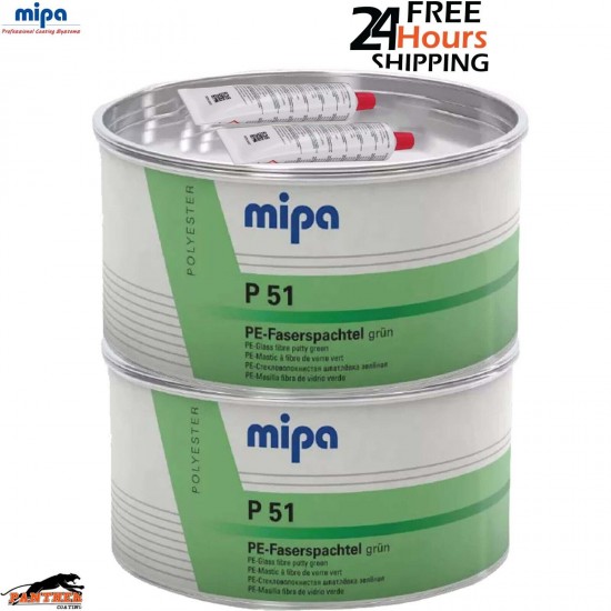 2X MIPA P51 FIBRE GLASS FILLER GREEN PUTTY WITH HARDENER 1.8KG