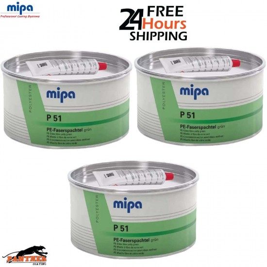 3X MIPA P51 FIBRE GLASS FILLER GREEN PUTTY WITH HARDENER 1.8KG