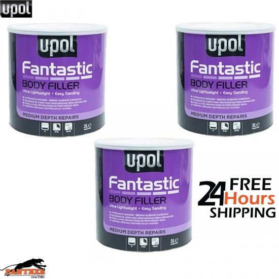 3x Upol Fantastic Polyester Body Filler 3 Litre - Includes Hardener & Spreader