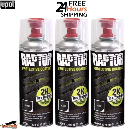 3 X UPOL RAPTOR 2K TOUGH BED LINER U-POL PROTECTOR 400ML AEROSOL - BLACK